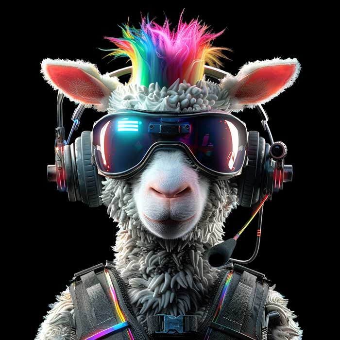 rybonia a cute iconic lamb with a agent headset black background